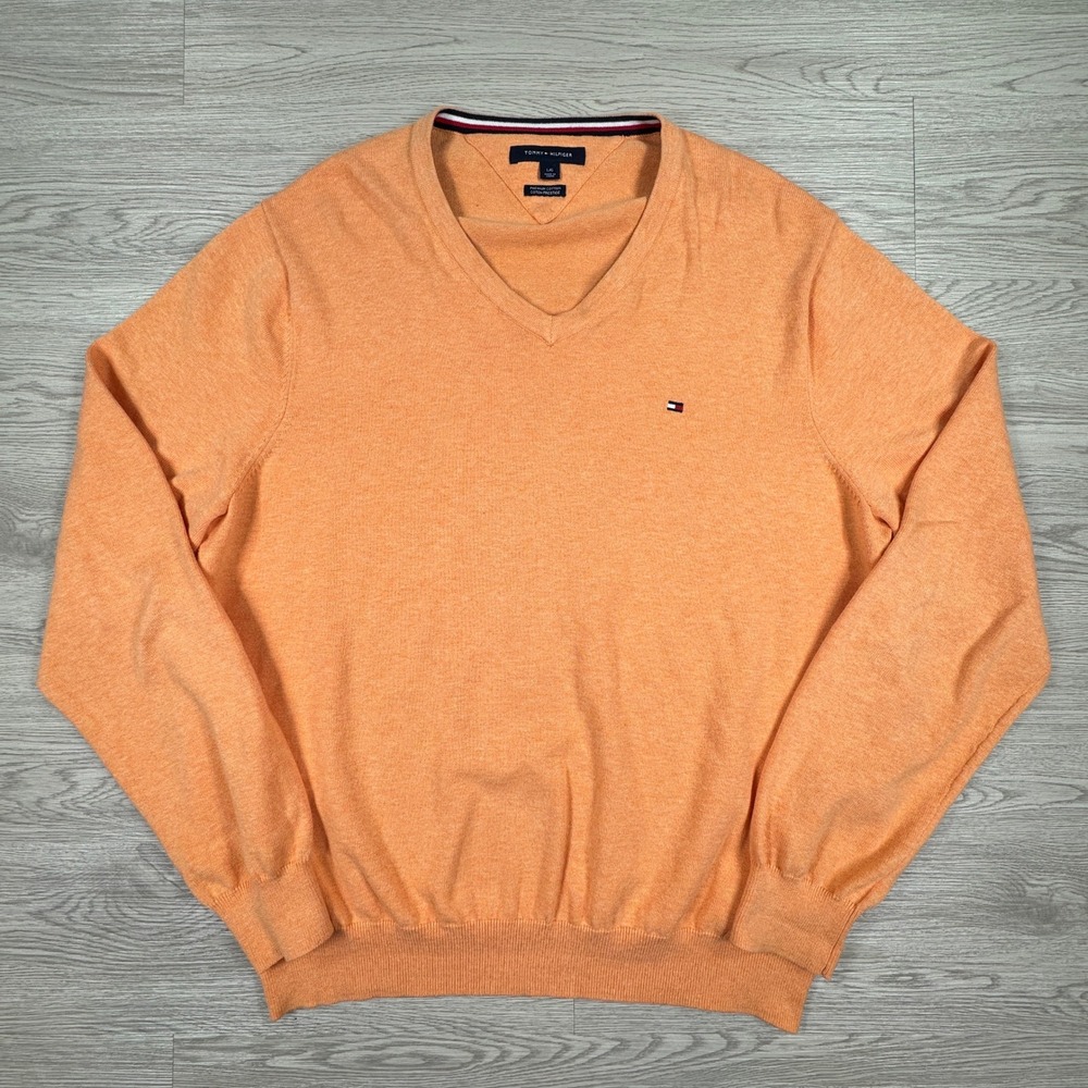 Tommy Hilfiger Men's Sweater V-Neck Orange‎ Large Premium Cotton Logo